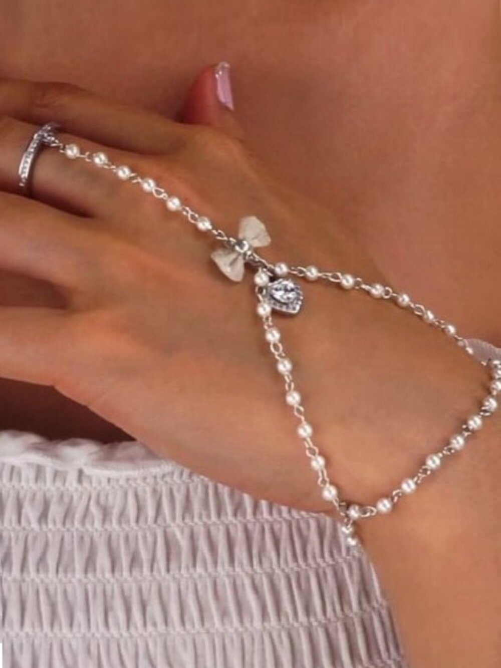 Kawaii Handmade Ringed Bracelet With Crystal Heart‎ and Pearl Beads Lolita Doll